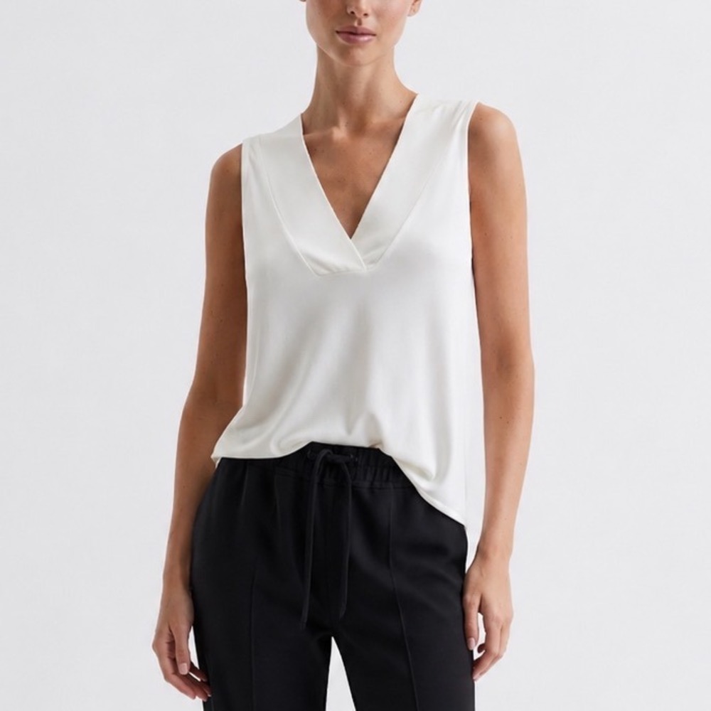 REISS Taylor V-Neck Shell Blouse Women's Medium White Viscose Workwear Office